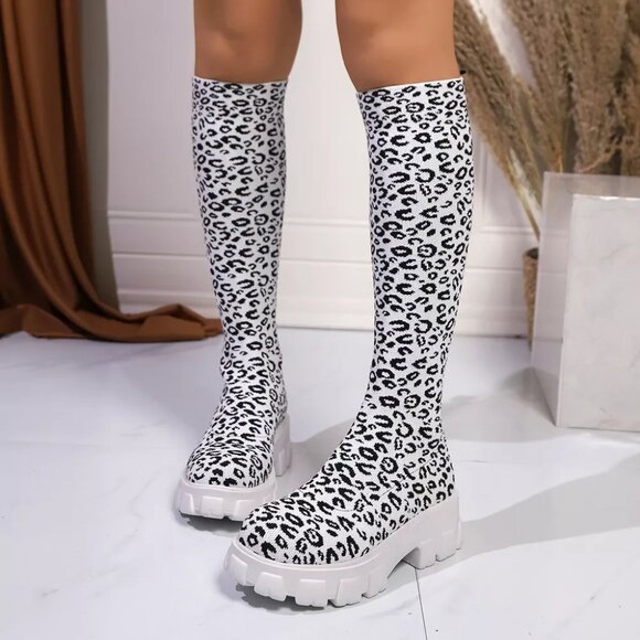 Leopard Chunky Platform Knee High Boots - Picture 3 of 11
